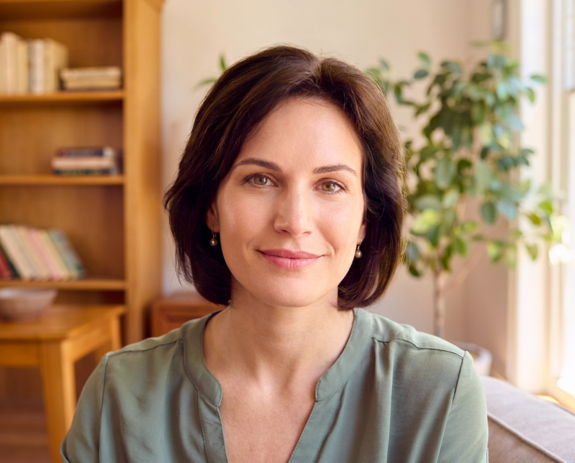 Portrait of a smiling woman with short brown hair in a sunlit living room