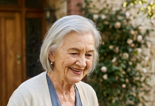 Portrait of an older woman with white hair smiling outdoors in front of a garden