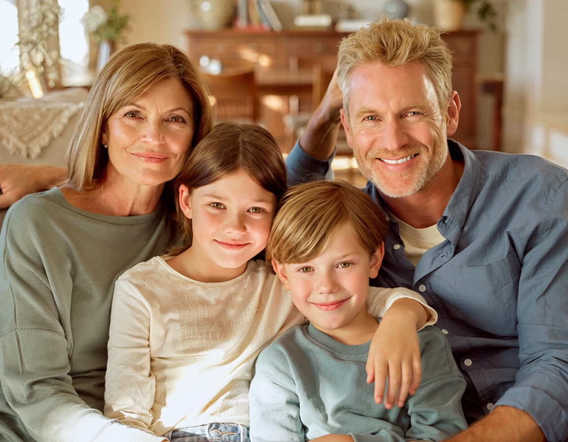 Portrait of a smiling family of four sitting together at home